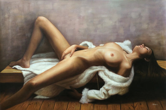 art-decoration-tableau-peinture-huile-toile-portrait-feminin-femme-nue-integrale-endormie