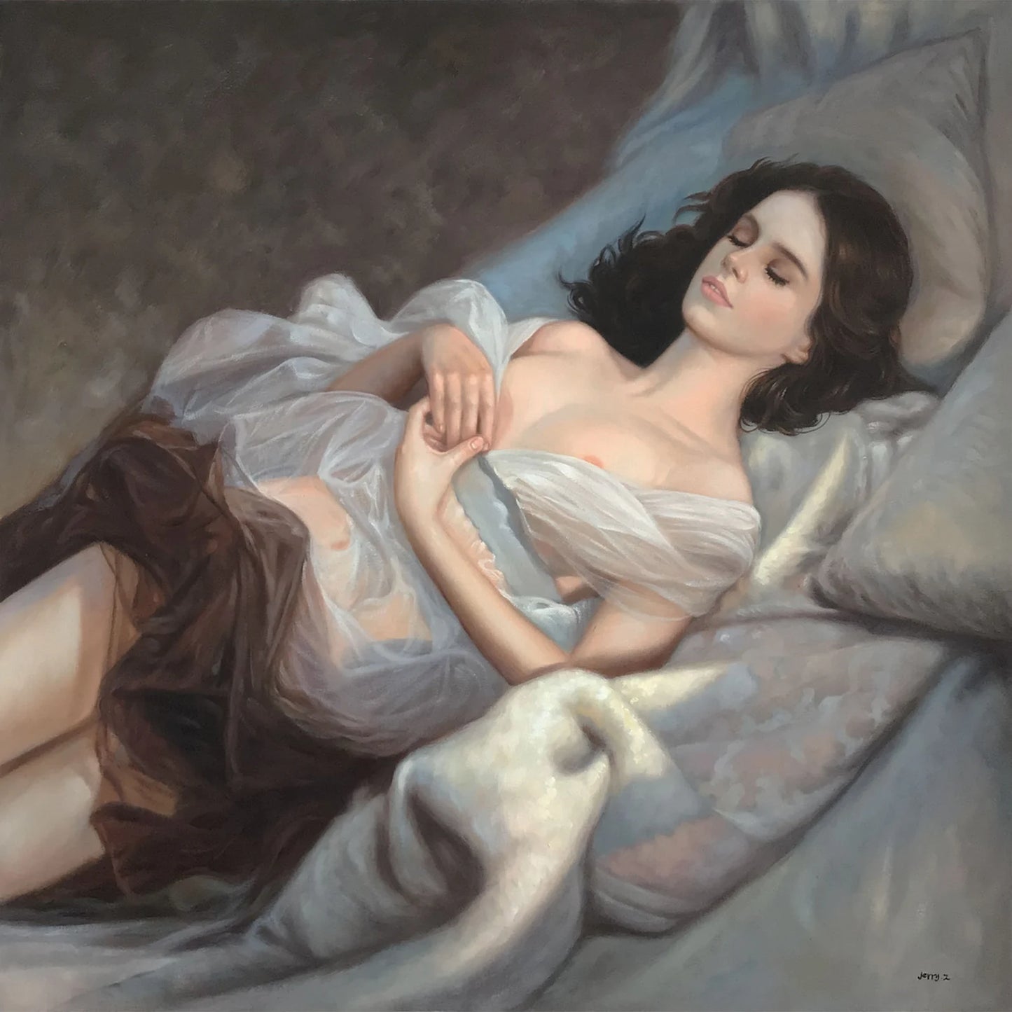 art-decoration-tableau-peinture-huile-toile-portrait-feminin-femme-seins-nue-endormie