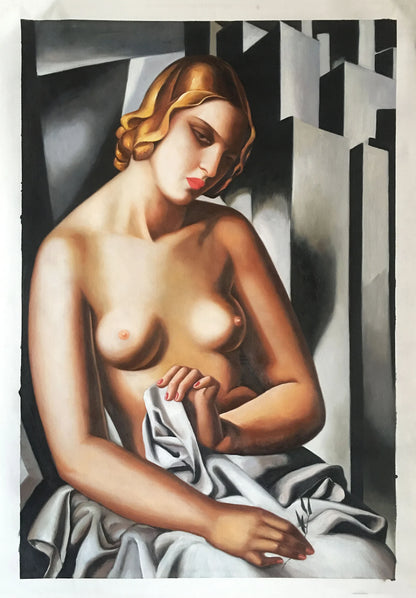 art-deco-scene-erotique-femme-nue-seins-peinture-huile-toile