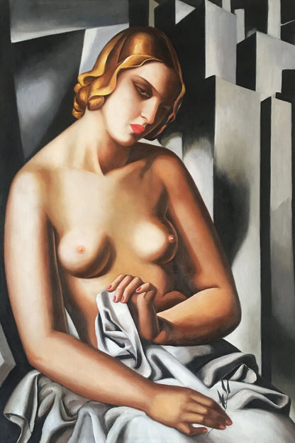 art-deco-scene-erotique-femme-nue-seins-peinture-huile-toile