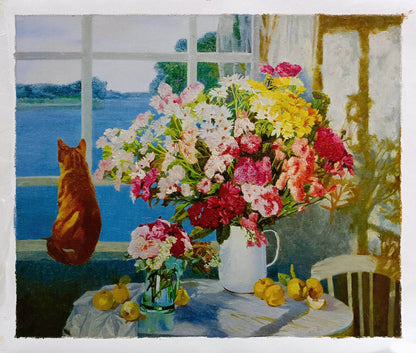 art-decoration-tableau-peinture-huile-toile-animal-chat-fenetre-nature-morte-fleurs