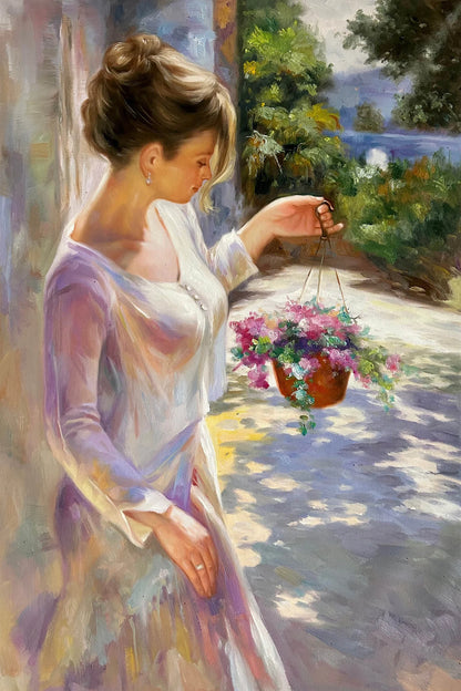 art-decoration-scene-jardin-femme-fleurs-peinture-huile-toile