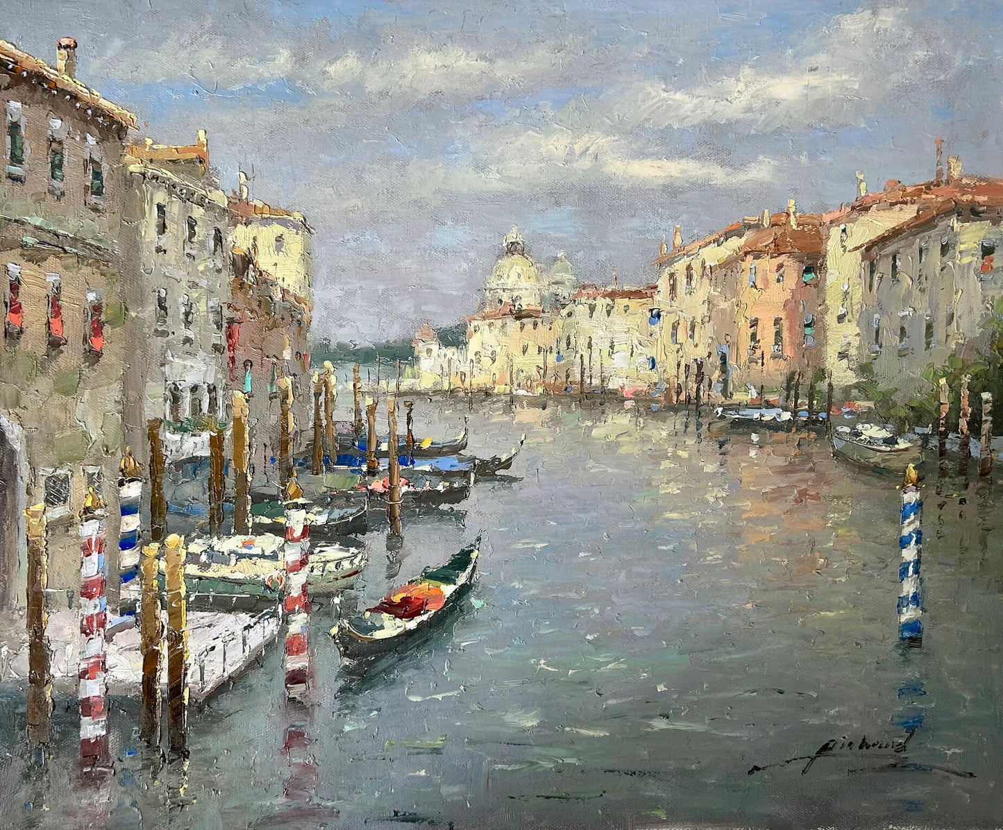 art-decoration-tableau-peinture-huile-toile-paysage-marin-canal-Venise-gondole
