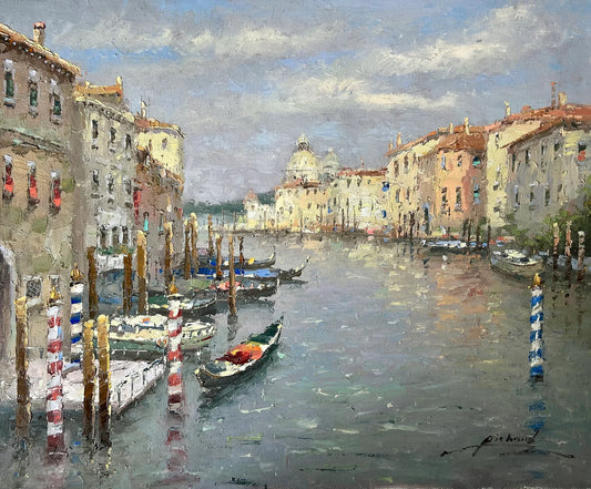 art-decoration-tableau-peinture-huile-toile-paysage-marin-canal-Venise-gondole
