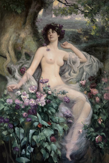 art-decoration-tableau-peinture-huile-toile-portrait-feminin-femme-nue-integrale-jardin