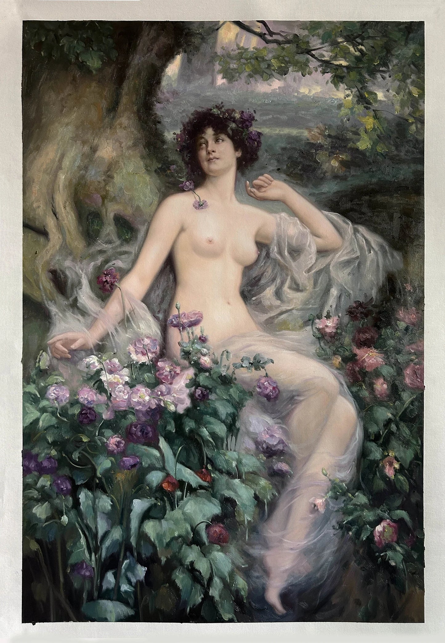 art-decoration-tableau-peinture-huile-toile-portrait-feminin-femme-nue-integrale-jardin