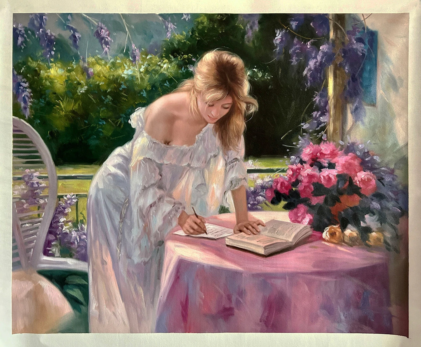 art-moderne-femme-scene-vie-semi nue-jardin-fleurs-peinture-huile-toile