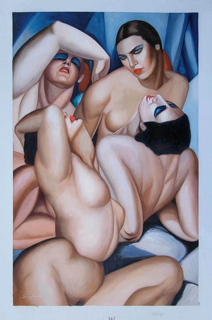 art-deco-scene-erotique-quatre-femmes-nues-lesbiennes-peinture-huile-toile