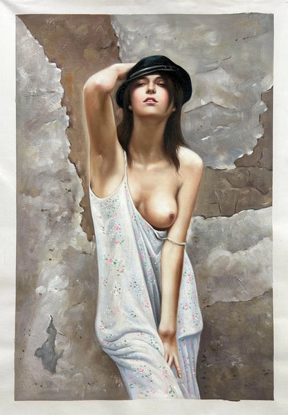 art-decoration-tableau-peinture-huile-toile-portrait-feminin-femme-chapeau-nue-integrale