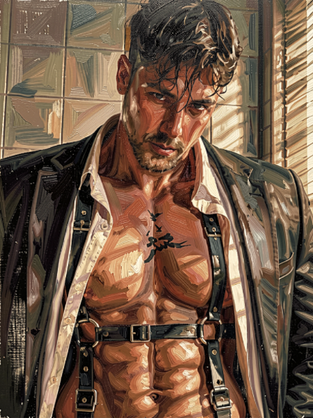 peinture huile sur toile faite sur commande - PORTRAIT BOGOSSE SEXY CUIR