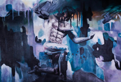 art-moderne-portrait-masculin-homme-muscle-bleu-peinture-huile-toile