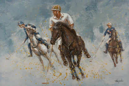 art-moderne-scene-vie-joueurs-polo-toile-originale-homme-huile-toile