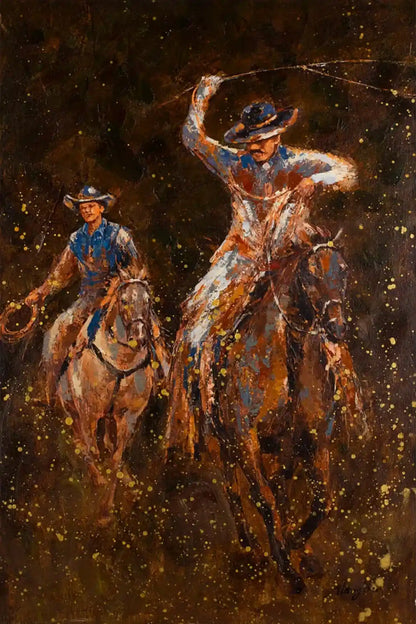 art-moderne-scene-vie-cowboys-lasso-plaine-originale-homme-huile-toile