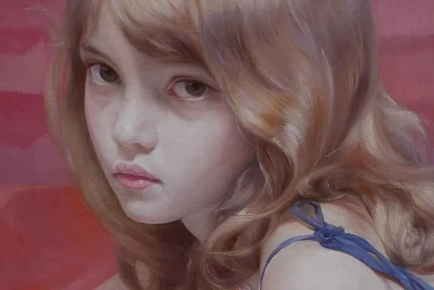 peinture à l'huile originale portrait fille blonde studieuse signée