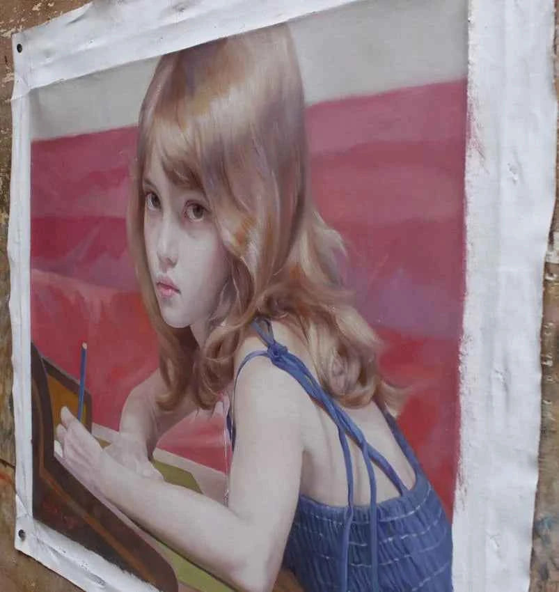 peinture à l'huile originale portrait fille blonde studieuse signée