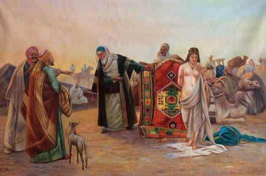 art-arabe-scène-orientaliste-présentation de l'esclave-tableau-peinture-huile-toile-signée