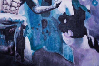 art-moderne-portrait-masculin-homme-muscle-bleu-peinture-huile-toile