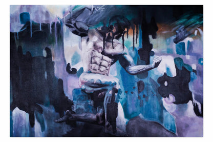 art-moderne-portrait-masculin-homme-muscle-bleu-peinture-huile-toile