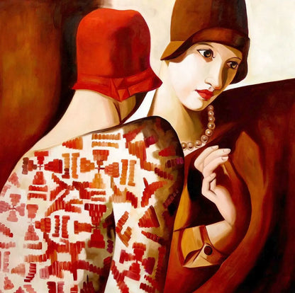 art-deco-portrait-feminin-femmes-amies-chapeau-peinture-huile-toile-120cmx120cm-48"x48"