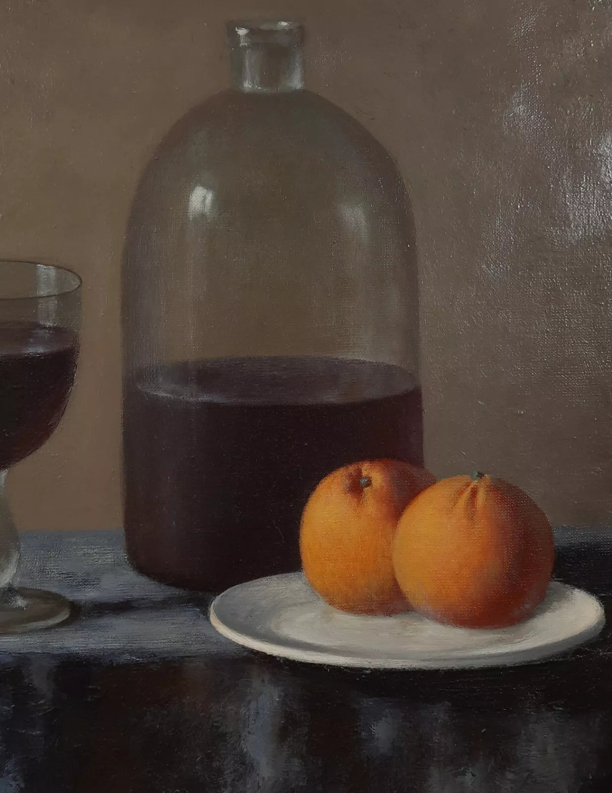 art-nature-morte-fruit-orange-vin-peinture-huile-toile