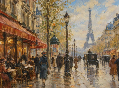 peinture huile sur toile faite sur commande - scène rue de Paris TOUR EIFFEL