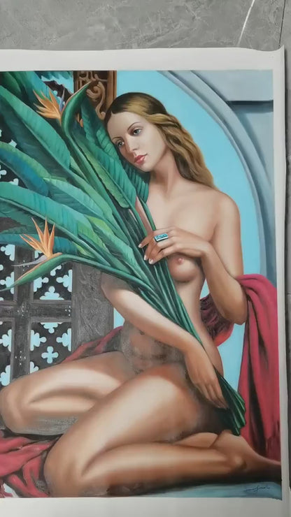 art-deco-scene-erotique-femme-nue-seins-fleurs-peinture-huile-toile