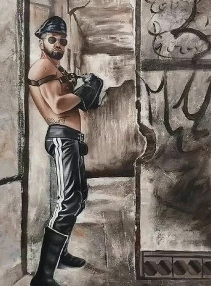Tableau homme torse nu cuir - Peinture originale huile sur toile d'un homme musclé gay en SM