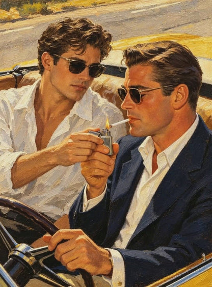 peinture huile sur toile faite sur commande - PORTRAIT GAY LOVERS CABRIOLET