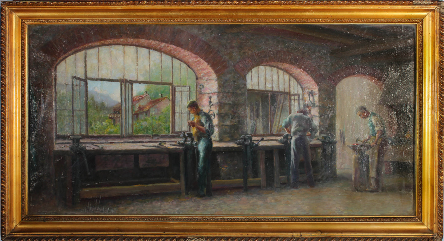 art-decoration-tableau-peinture-huile-panneau-scene-vie-atelier-forgerons