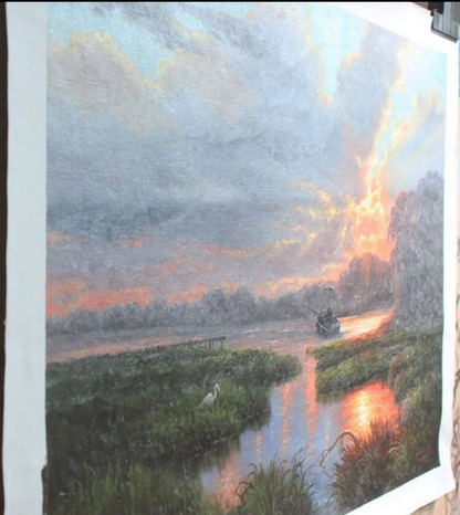 art-paysage-campagne-riviere-bateau-peinture-huile-toile