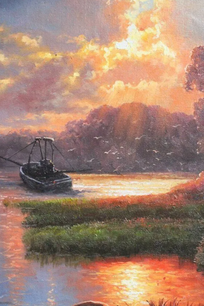 art-paysage-campagne-riviere-bateau-peinture-huile-toile