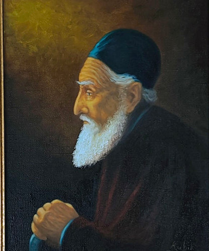 Tableau huile original portrait vieil homme barbu. Encadré