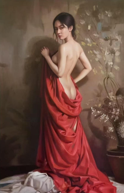 art-decoration-tableau-peinture-huile-toile-magnifique-portrait-feminin-femme-asiatique-dos-nu