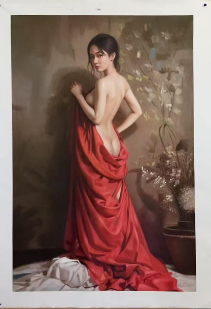 art-decoration-tableau-peinture-huile-toile-magnifique-portrait-feminin-femme-asiatique-dos-nu