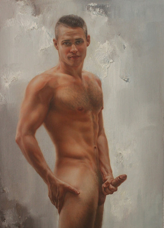 art-portrait-masculin-jeune-homme-nu-intégrale-peinture-originale-huile-toile