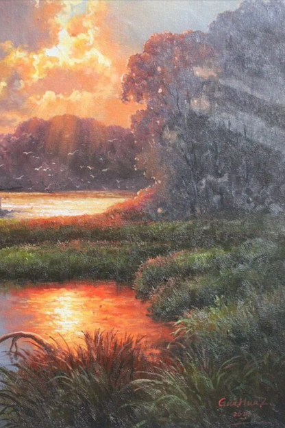 art-paysage-campagne-riviere-bateau-peinture-huile-toile