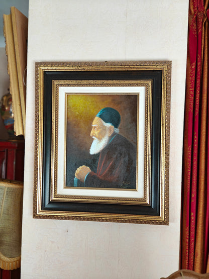 Tableau huile original portrait vieil homme barbu. Encadré