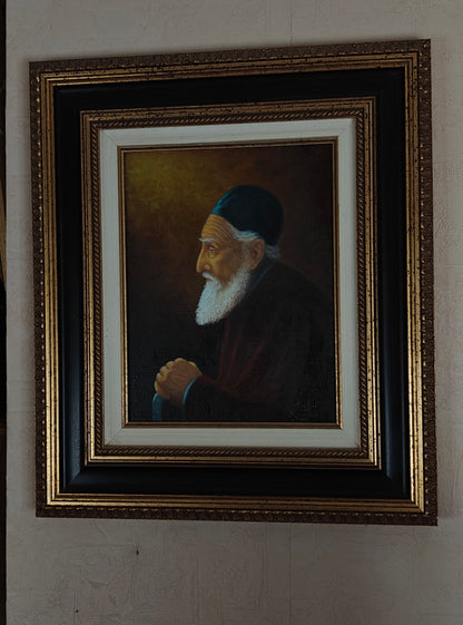 Tableau huile original portrait vieil homme barbu. Encadré