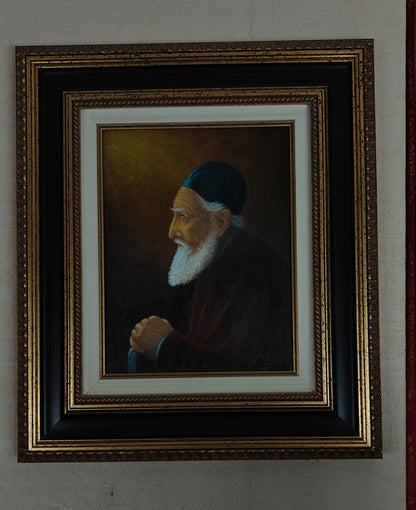 Tableau huile original portrait vieil homme barbu. Encadré