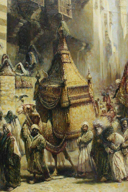 orientaliste peinture huile sur toile a remise du tapis sacré au Caire