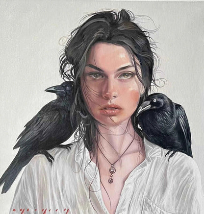 art-portrait-femme-corbeau-peinture-huile sur toile - Kikooyou Art Gallery