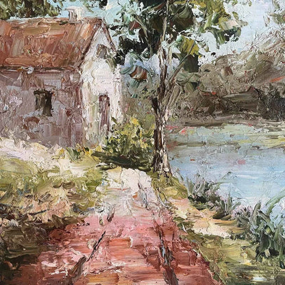 art-paysage-rivière-maison-peinture-huile sur toile