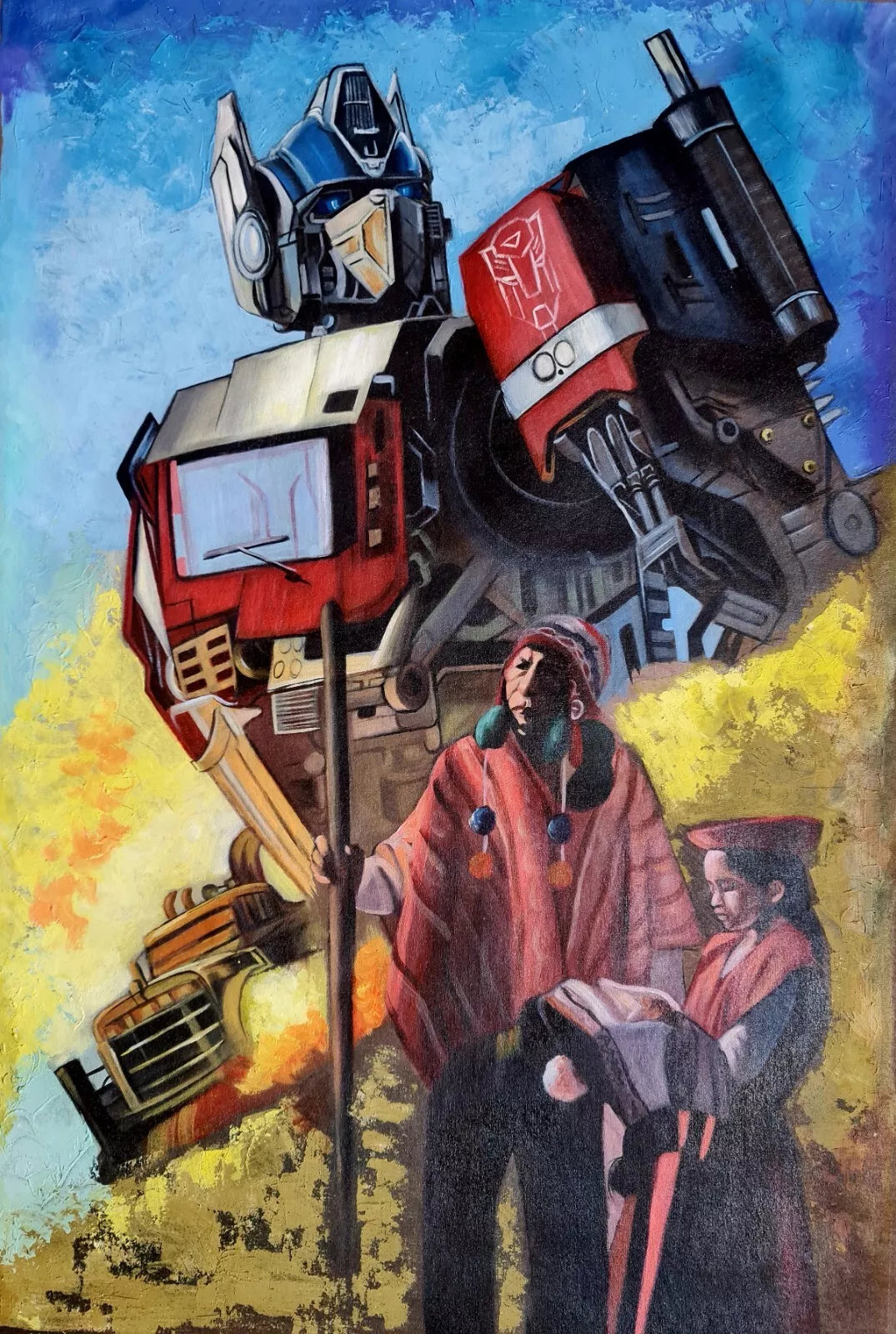 Transformers au Pérou. Peinture à l'huile sur toile par artiste inconnu