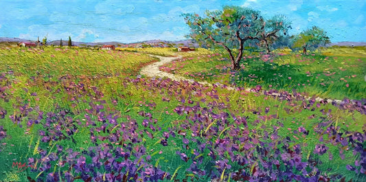 art-paysage-campagne-toscane-champ-iris-peinture-huile sur toile