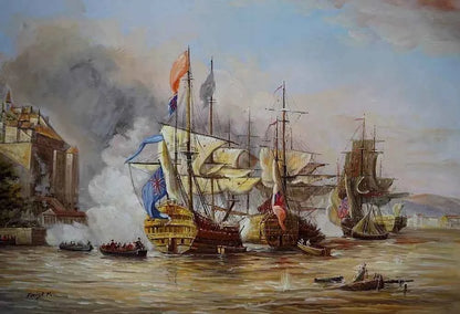 art-scène-bataille-navale-galion-frégate-peinture-huile-toile