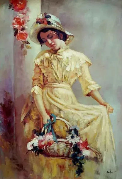 art-portrait-jeune-femme-panier-fleurs-peinture-huile-toile - Kikooyou Art Gallery