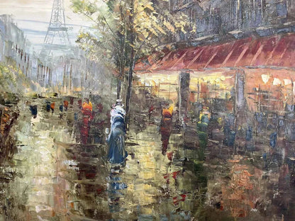 art-paysage-scène-rue-personnages-Paris-tour-Eiffel-peinture-huile-toile