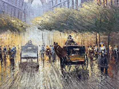 art-paysage-scène-rue-personnages-Paris-tour-Eiffel-peinture-huile-toile