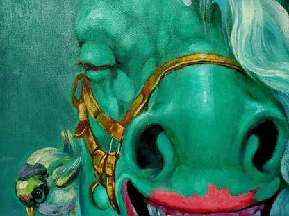 Tableau huile sur toile animal cheval riant peint à la main - Surréalisme oiseaux art