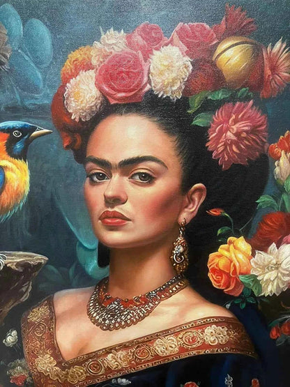 art-moderne-portrait-Frida-Khalo-fleurs-oiseaux-belle-peinture-huile-toile - Kikooyou Art Gallery